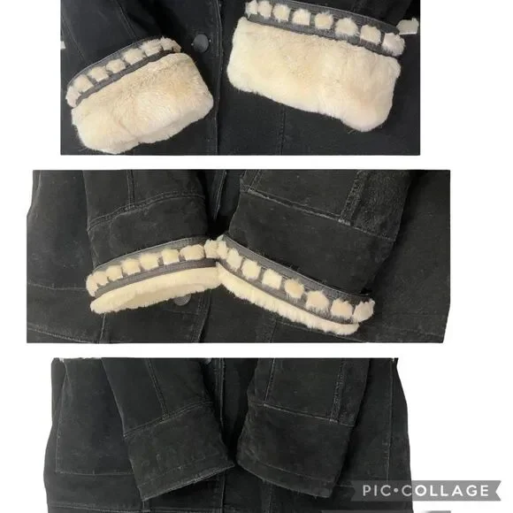 Vintage Sin by Morgan Cooper Black Suede Faux Fur Hooded Trench Coat Jacket L - Picture 11 of 16